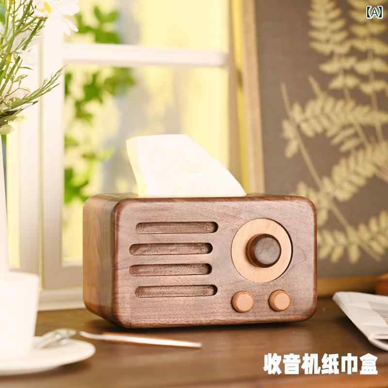 ラジオ ティッシュ ボックス ブラック クルミ レトロ 無垢材 家庭用 リビング ルーム ナプキン 収納 イ..