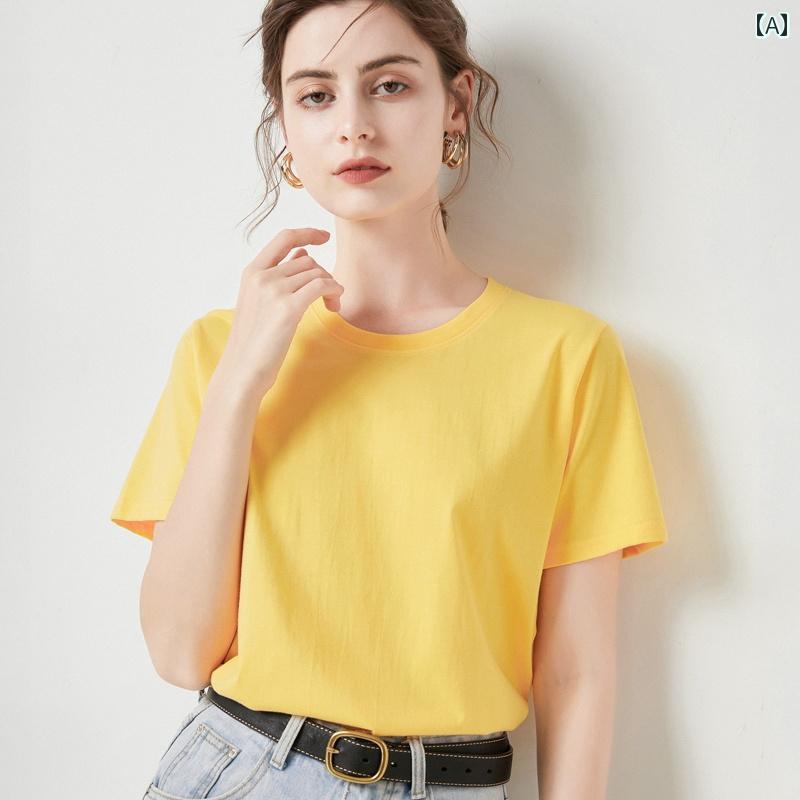 綿 トップス 半袖Tシャツ レディース 丸首 無地 ゆったり カジュアルシンプル オーバーサイズ カラー カラフル クルーネック