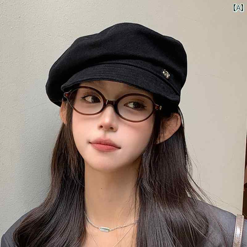 女性用 ブラック ベレー帽 2025 春夏 和風 大きめ 頭 囲 顔 周り 小さめ 八角形 帽子 フラット トップ ペインター ハット