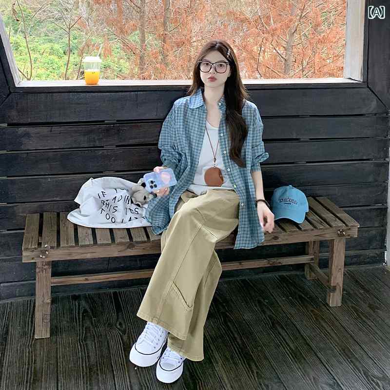 女性用 ブルーチェック 長袖 日焼け防止 シャツ 薄手 アウターシャツ 多用途 カジュアル トップス カジ..