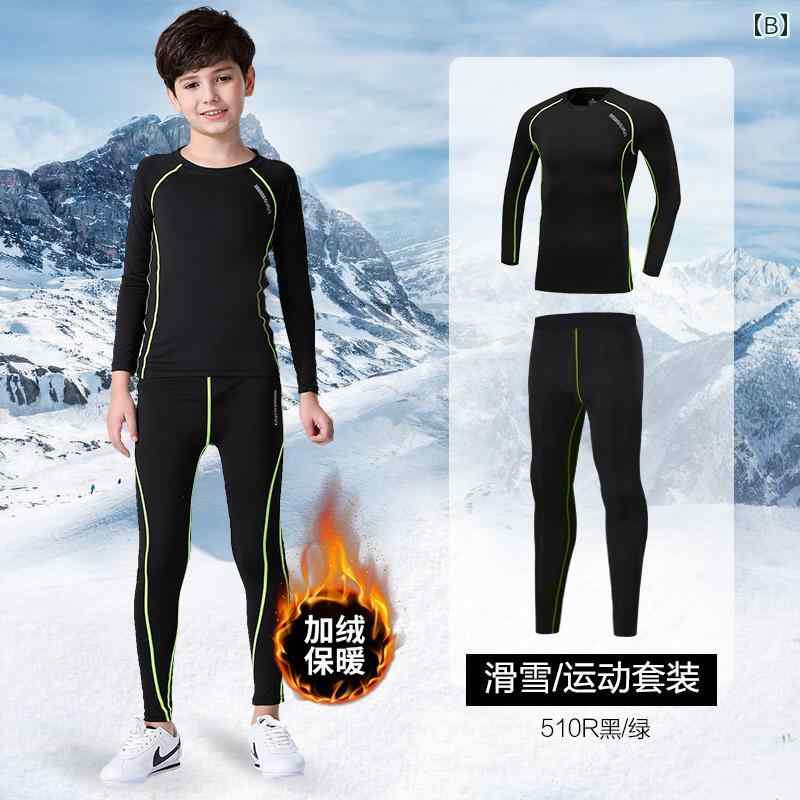 子供用 速乾性 服 スキー スーツ ライナー プラスベルベット 暖かい ウィンタースポーツ シャツ サーマル 下着 ビッグ ボーイ ボーイズ 2