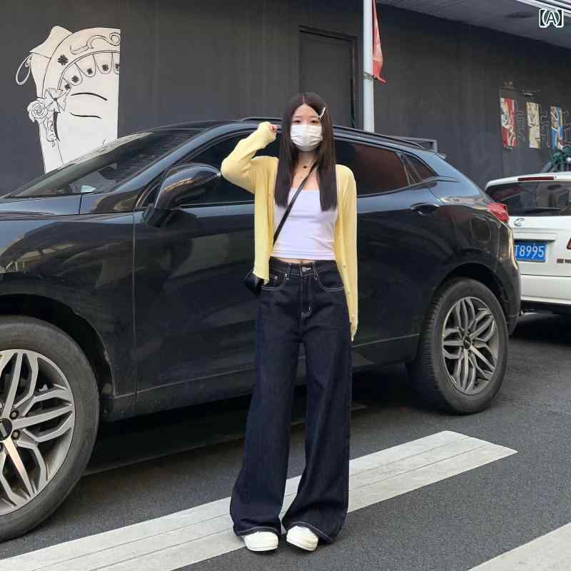 ダーク ブルー ストレート ジーンズ レディース 2025 春 ハイウエスト ルーズ スリム ドレープ ワイドレッグ パンツ カジュアルウエストタイプ：ハイウエストパンツのサイズ: XL.XS.S.M.L.[お気に入りに追加] 返品生地分類: デニム