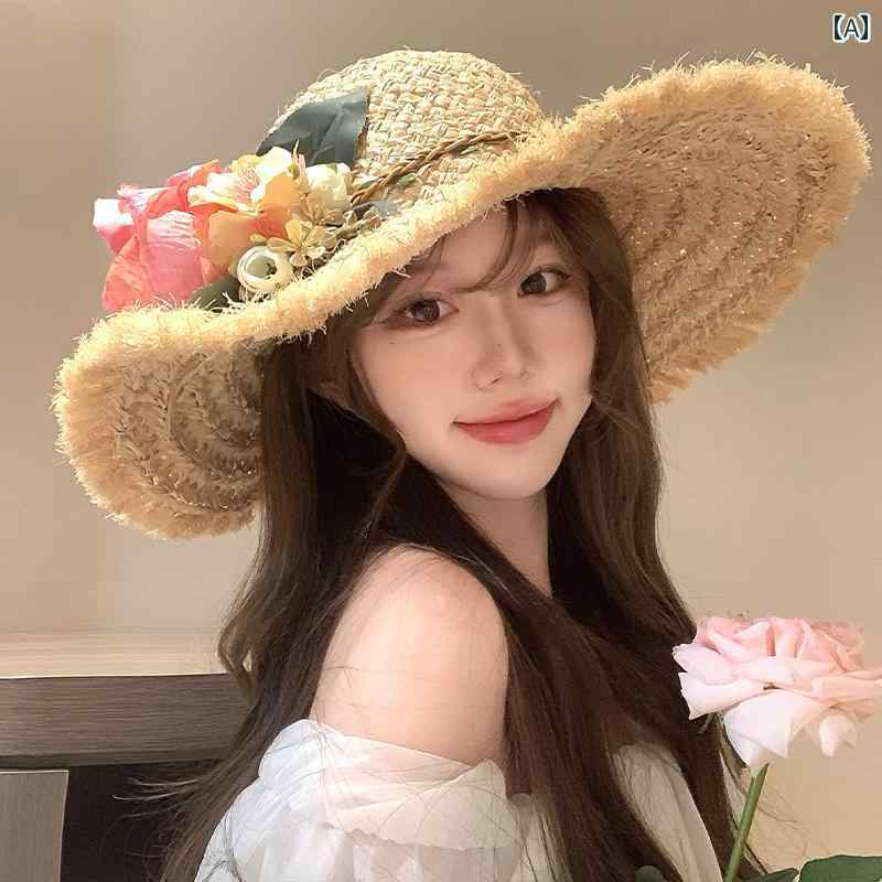 2025年 ラフィア 麦わら 帽子 女性用 夏用 フレンチ フラワー 編み 休暇用 ビーチ用 つば広の 日焼け防止 おしゃれ かわいい