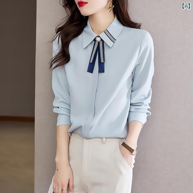 Shirts - 女性用 ホワイト シャツ 2025 春新 スタイル レディース 長袖 シフォン トップス ブラウス リボン ボウタイ ビジューモチーフ 可愛い