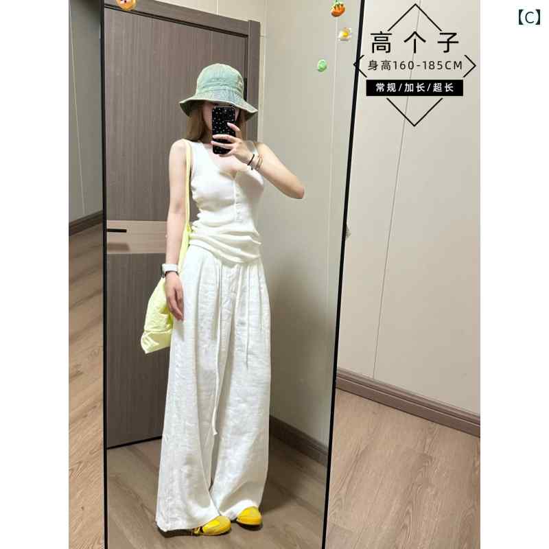 175 丈 長め ホワイト ラミー ワイドパンツ レディース 春 ハイウエスト コットン &amp; リネン ゆったり ストレート カジュアル