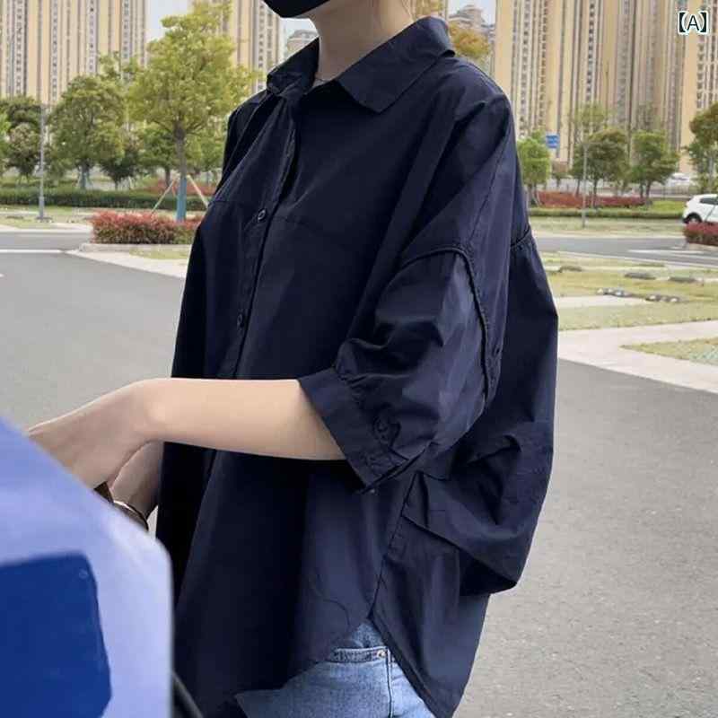 3-Quarter Sleeves - 2025 春夏 レディースシャツ 半袖 シャツ 大きいサイズレディース 服 体型カバー 痩せ トップス 七分袖 無地 オーバーサイズ トレンド