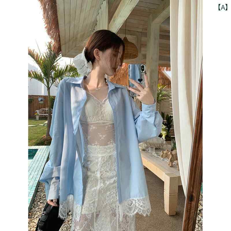 レース ワンピース スカート ロング丈 マキシ丈 シャツ 無地 羽織り コーディネート ガーリー ホワイト フリル おしゃれ キャミソール