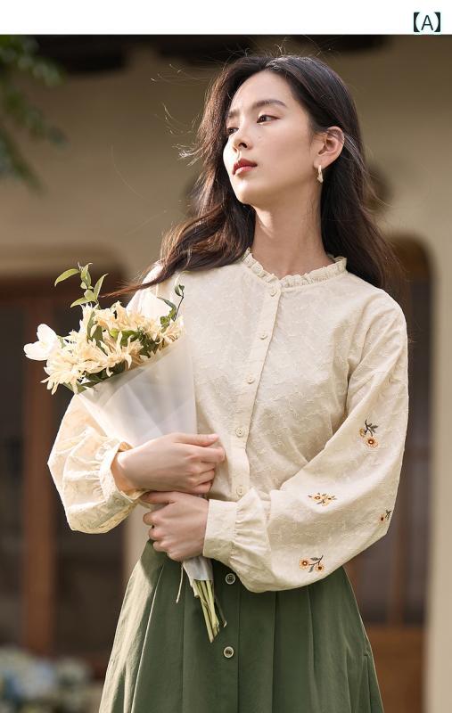 Other - フレンチスタンドカラー フリル 長袖 シャツ レディース 2025 春秋 コットン 刺繍 フラワー ガーリー ブラウス トップス