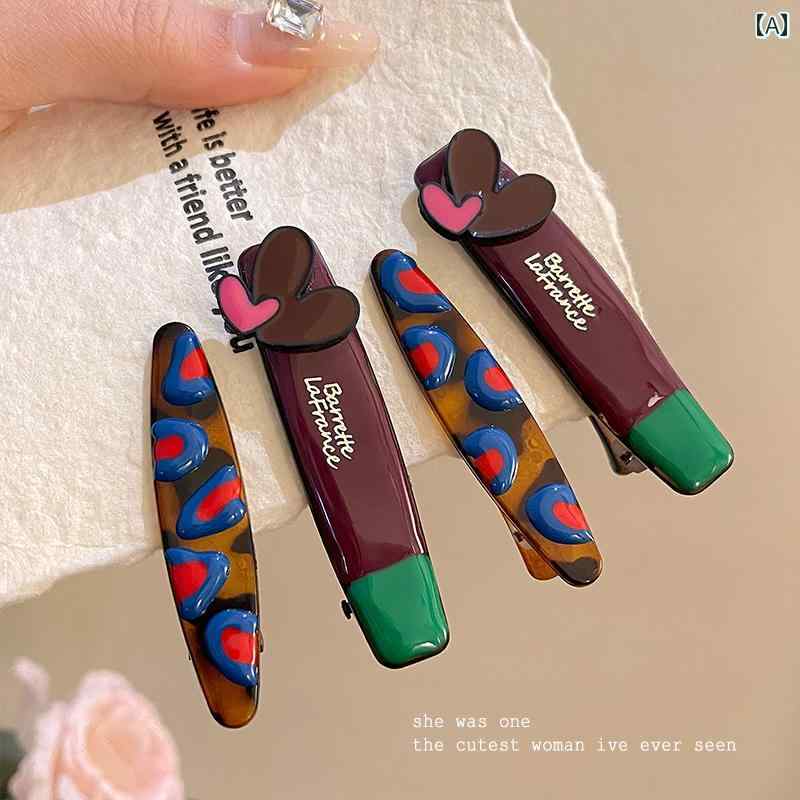 韓国 ニッチ コントラストカラー ハート型 ヘ ピン 女性用 サイド バング クリップ 折れた 髪用 ダック..