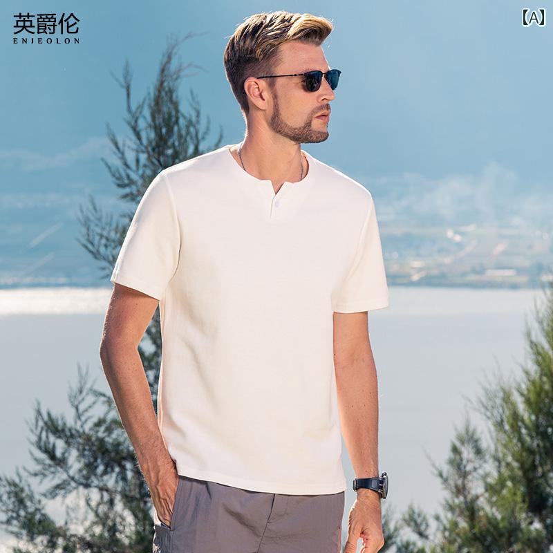 Plain - 230 グラム ヘビー新 繊維 綿 メンズ 半袖 Tシャツ Vネック 無地 クール 夏 トップ シンプル カジュアル