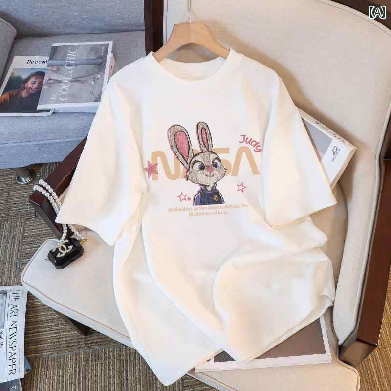 Print - 綿 白 半袖 Tシャツ 女性用 2025年 夏 商品 大きいサイズトップス ゆったり スリム イン プリント カジュアル カットソー