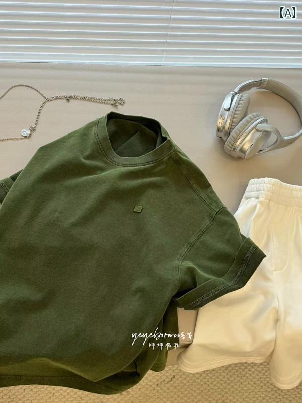 子供服 男の子 古い 半袖 レトロ ゆったり Tシャツ 2025 夏 おしゃれ 女の子 無地 シンプル カジュアル ラウンドネック