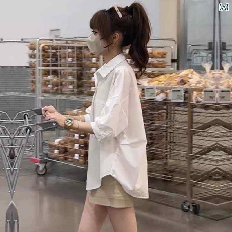 カジュアル ルーズ 七分袖 シャツ レディーストップス 春夏 スタイル 多用 ジャケット ブラウス オフィス ホワイト