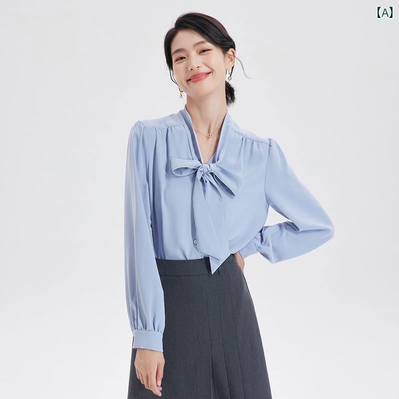 通勤 蝶 ネクタイ シャツ レディース 春 ブルー フレンチ トップ フォーマル 面接 ブラウス オフィス エレガント
