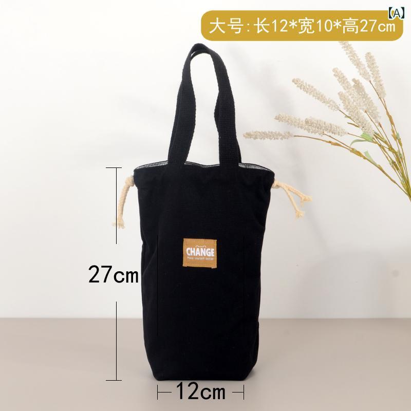 キャンバス ウォーターカップ ハンドバッグ ポータブル 魔法瓶 カップ バッグ シチュー 鍋 カバー ユニバーサル ビッグ ベリー 巾着 二重層 隠し ポケット 付き