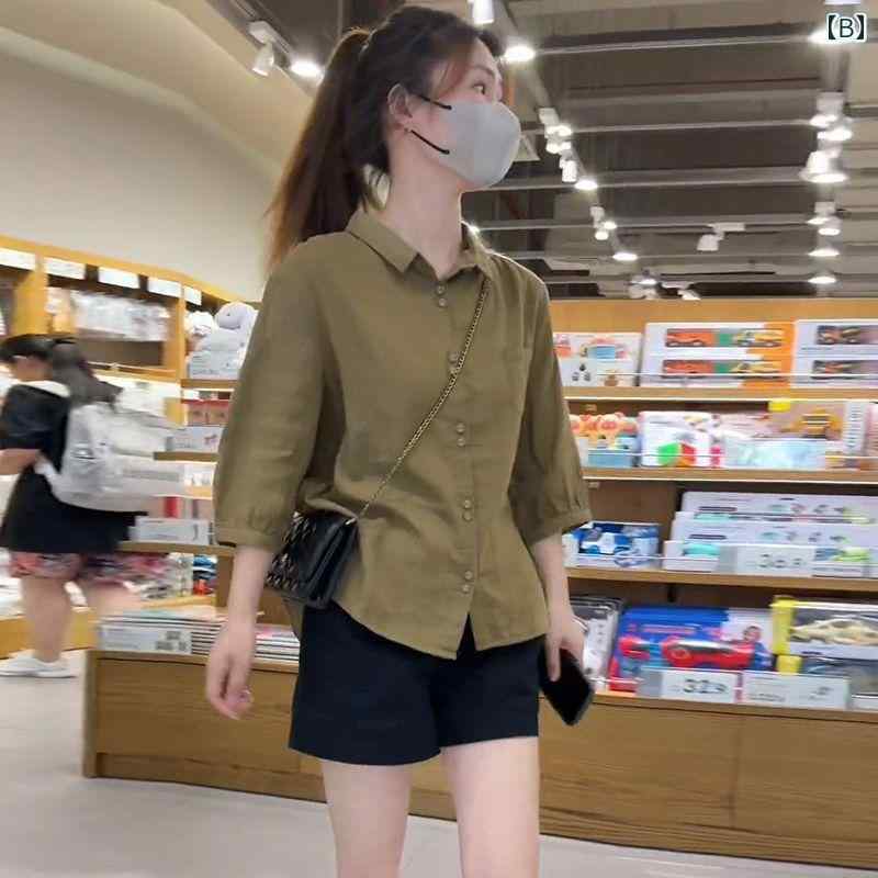 女性用 シャツ おしゃれ お腹周り カバー 七分袖 トップス 2025年 夏 お洒落 ボトムス ブラウス カジュアル