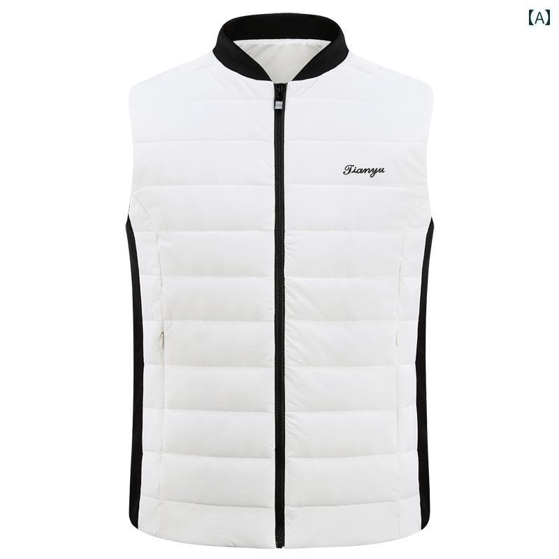 秋冬 ゴルフ メンズ ベスト ダウン コットン 暖かい ノースリーブジャケット ハイネック スポーツウェア トップス 保温性 ホワイト ネイビーブルー
