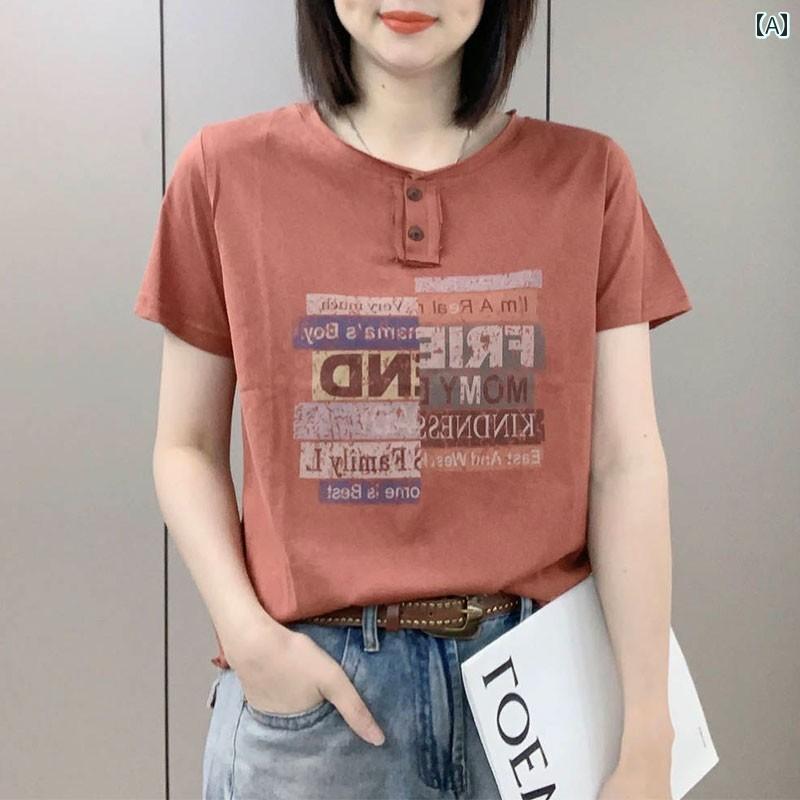 Japanese Print - 2025 夏 レディース コットン 半袖 Tシャツ トップス 大きいサイズ 体型カバー スリム プリント カジュアル