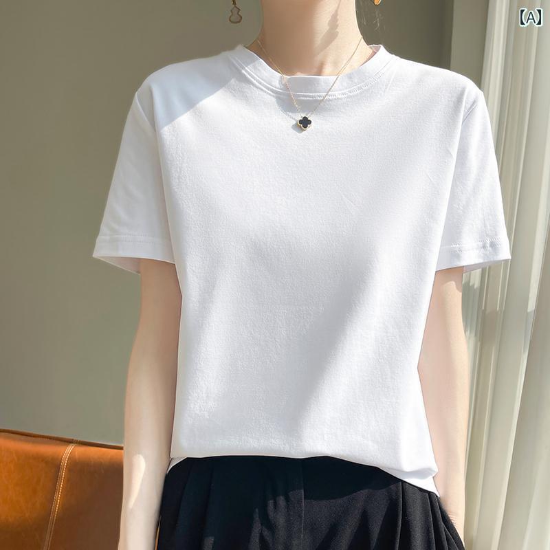 Rakuten - 豪華 シルケット コットン ゆったり スリム ラウンドネック 半袖 レディース 白黒 トップス Tシャツ シンプル カットソー