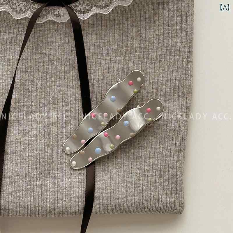 カラフル 水玉模様 ドリップ オイル ヘアピン シルバーメタル 2025年 ダックビル クリップ サイド バン..