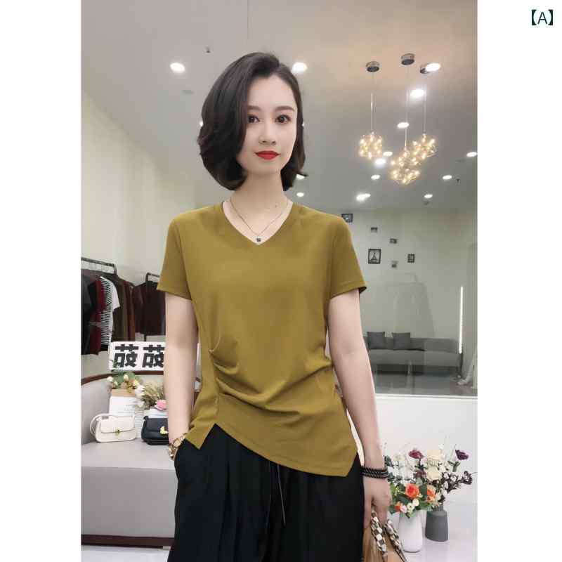 2025 夏 新型 レディース コットン 半袖 Tシャツ Vネック 不規則 スリムトップス おしゃれ 体型カバー 大きいサイズ