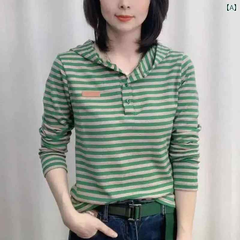 綿 2025 春秋 長袖 Tシャツ レディース フード 付き ショート トップス 小さい ストライプ 婦人服 カジュアル サイズ: 4XL 3XL 2XL M L XL