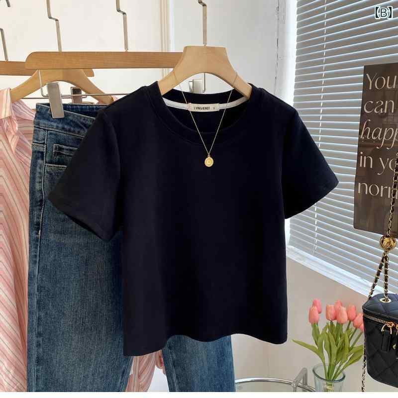 レディース ホワイト 半袖 Tシャツ 2025 夏 シンプルベーシック スタイル インナーウェア ゆったり ショート 丈 ボトムス ラウンドネックトップス