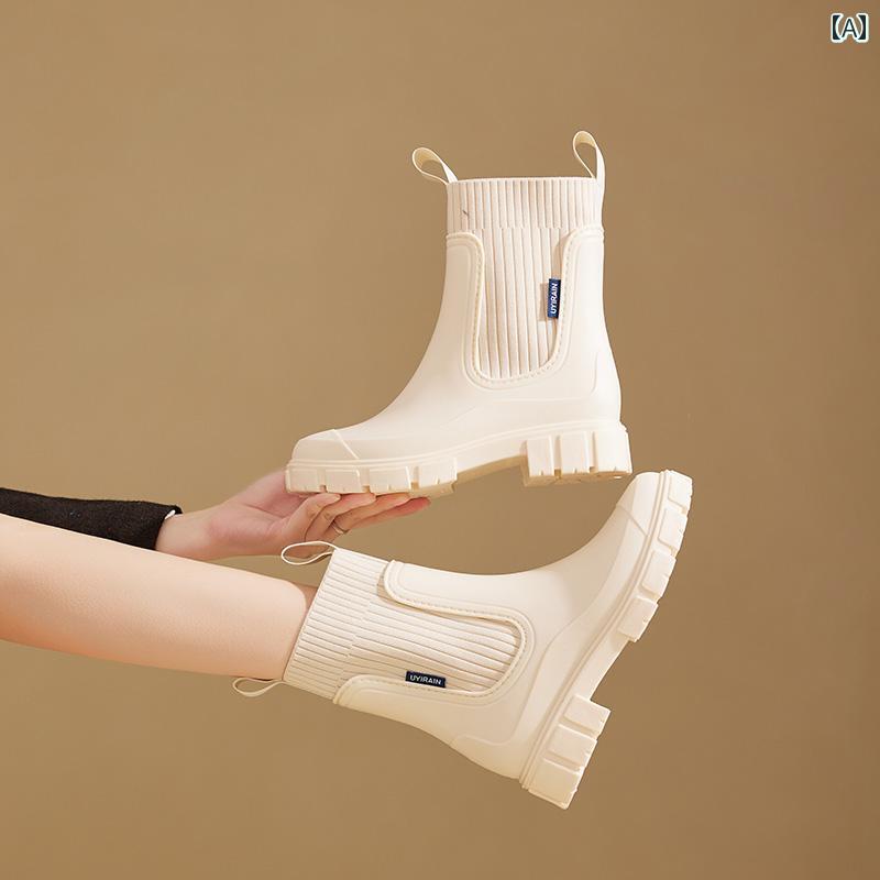 レインブーツ アウターウェア ミッド チューブ 防水 シューズ 滑り止め 美しい 通勤用 ゴム 靴 カジュアル シンプル おしゃれ