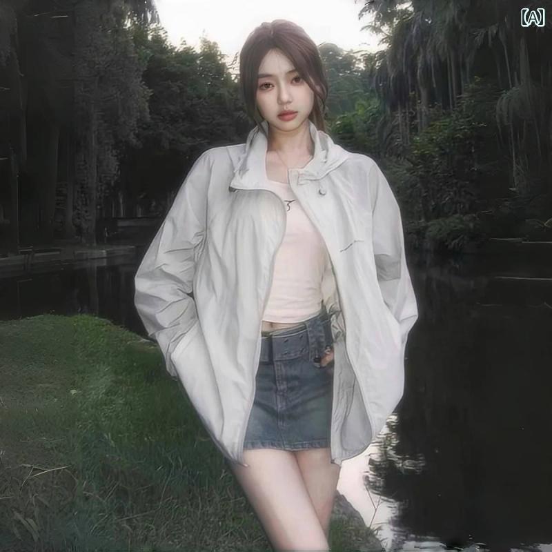 女性用 マウンテン アウトドア 日焼け防止2025年夏.韓国で小柄学生にも合うゆったり軽く通気性の良いアウター.山岳UVカット服