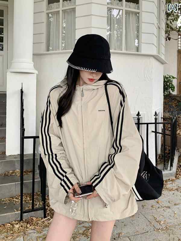 秋冬 アメリカン アウトドア ジャケット レディース コントラスト ストライプ ルーズ ゆったりサイズの..