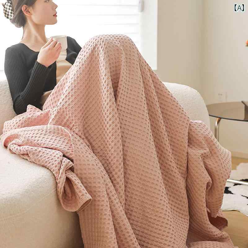 夏用 コットン ワッフル オフィス用 昼寝用 ブランケット シングル ベッド用 エアコン 付き タオル キルト 薄手 カジュアル インテリア おしゃれ 寝室