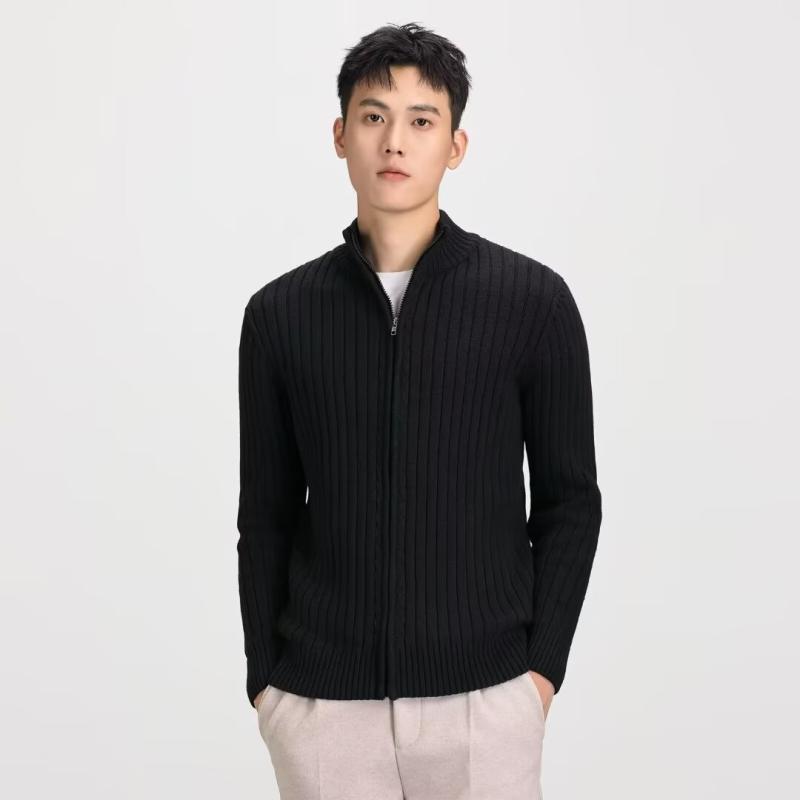 ニット メンズ ニットカーディガン ストライプ 無地 スタンドカラー リブ 裾 厚手 コットン混紡 トップス 長袖 春秋 防寒 普段使い