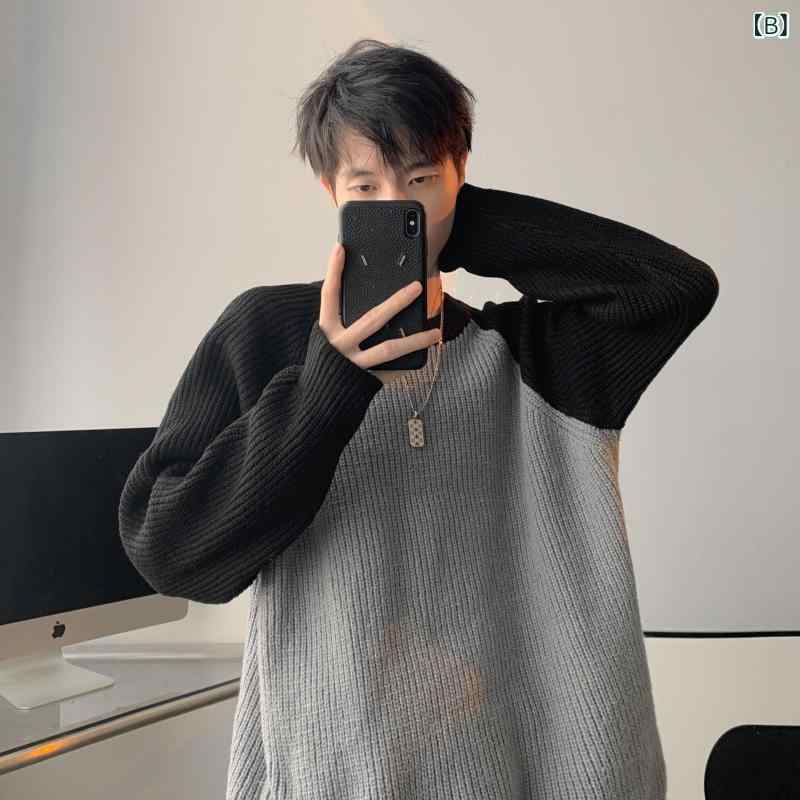 ニット メンズ ニットトップス 秋冬 配色 ドロップショルダー プルオーバー ラウンドネック 混紡 普段使い