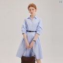 夏 女性用 バイ ジャハ オ ブルー ドレス 通勤用 フレンチ ストライプ 半袖 シャツ ハイウエスト ルーズ スリム Aライン スカート