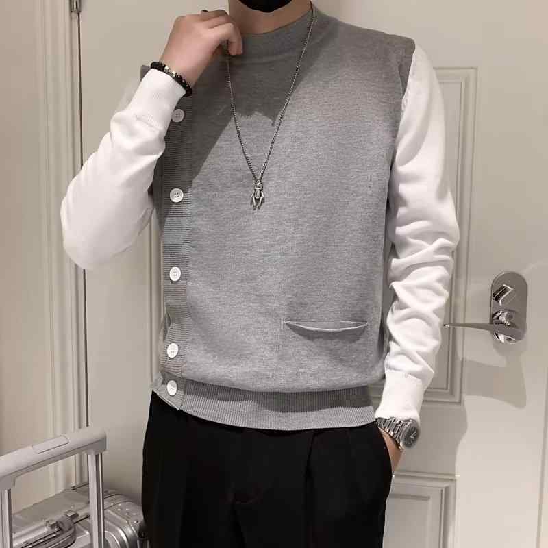 ニット メンズ 秋冬用 ニットトップス プルオーバー 洗える アクリル混紡 長袖 ラウンドネック グレー 黒 カジュアル 普段使い(x2)