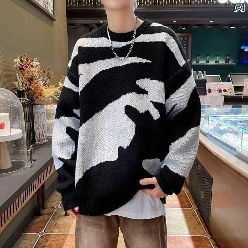 ニット メンズ レトロ 配色 長袖 トップス ラウンドネック プルオーバー 普段使い 秋冬 伸縮性 ブラック系