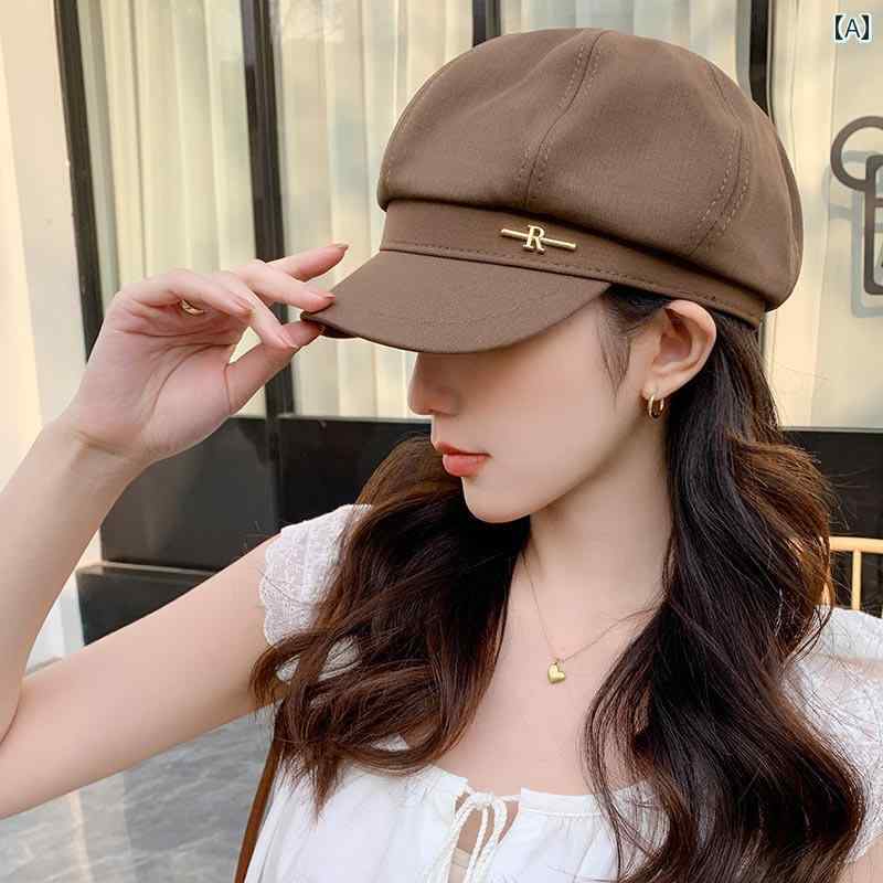 女性用 夏用 ベレー帽 2025年 顔 出し 細身 万能 大きめ 頭 囲 ペインター ハット 韓国 レトロ 八角形 帽子.シンプル