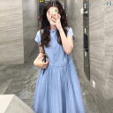 女性 フレンチブルーの 半袖 シャツ ドレス 夏 スタイル たっぷりと 上品な スリム ウエストと ロング スカート.シンプル