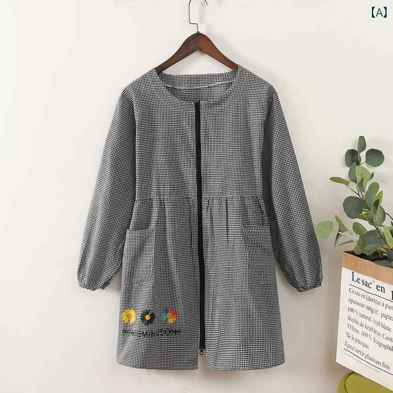 韓国 女性用 長袖 エプロン キッチン 油汚れ 防止 大人用 作業着 ジッパー ドレス 薄手 カジュアル チェック柄 かわいい 袖付き