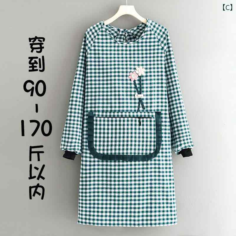 シンプル 長袖 オーバーオール 耐油性・摩耗性 綿 グリッド 通気性 エプロン 家庭用 キッチン 女性 ケータリング 作業服 大人用