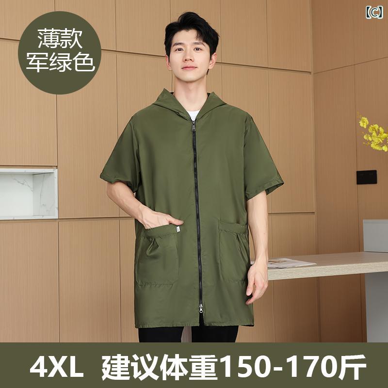 夏用 薄手 半袖 オーバーオール 男女兼用 単層 作業服 ジャケット 大人用 防水 防油 エプロン 防護 コート カジュアル フード付き