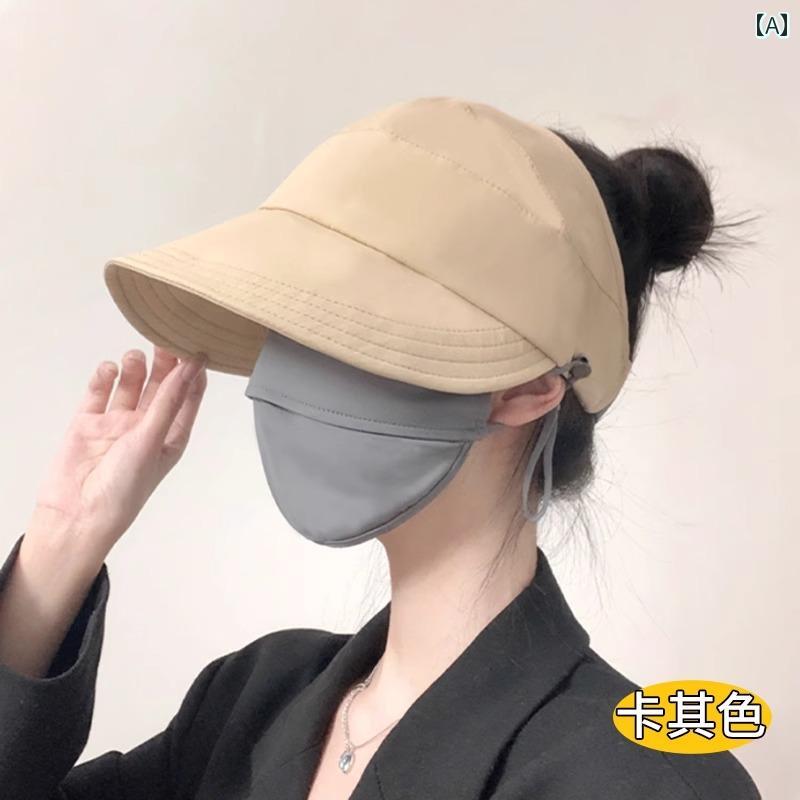 女性用 2025年 トップ サンハット 高さ ポニーテール マスク 掛ける つばの広い 帽子 フィッシャーマン カジュアル シンプル