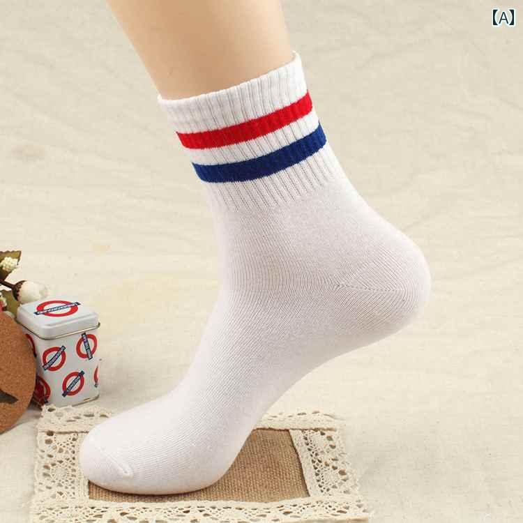 Rakuten - ストライプ柄 2本 バー ソックス 韓国 スケート ボード カップル 夏用 ミッド チューブ 綿 スポーツ 男女兼用 カジュアル