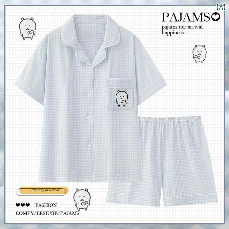 チェック 柄 クマ パジャマ 女性用 夏用 綿 半袖 薄手 風 かわいい 学生 ルームウェア スーツ カジュアル