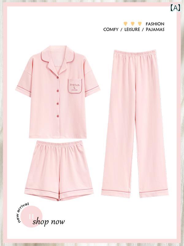 楽天LINEAR shop夏 パジャマ 女性 3点 セット 綿 半袖 ショートパンツ長ズボン 薄手 スタイル 外で着る 無地 ルームウェア カジュアル