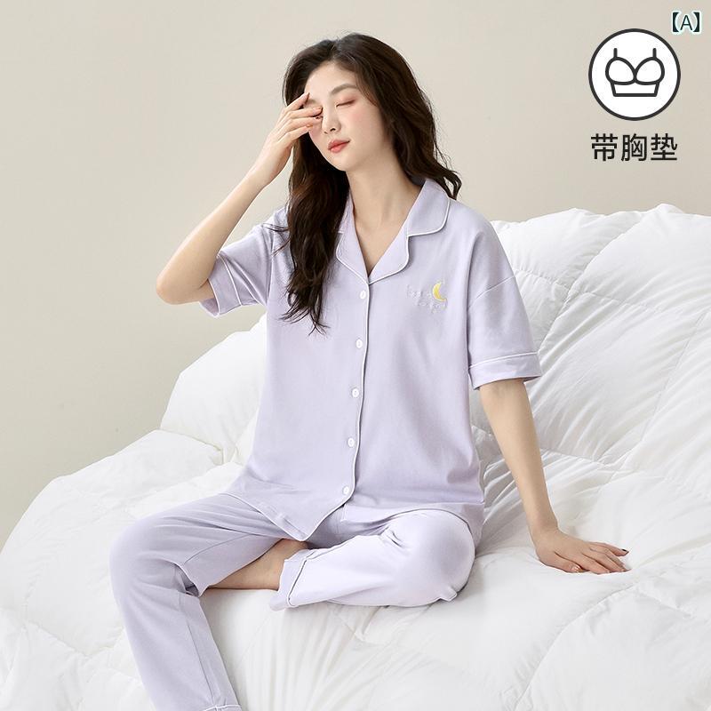 女性用 綿 パジャマ 2025年 胸パッド 付き 薄手 春夏 スタイル シンプル 外出着 家庭 カジュアル ルームウェア