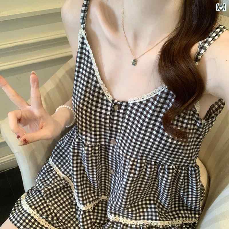 チェック柄 レース サスペンダー パジャマ レディース 夏 2025 セクシー 胸パッド 付き 豪華 ルームウェア 2点セット カジュアル