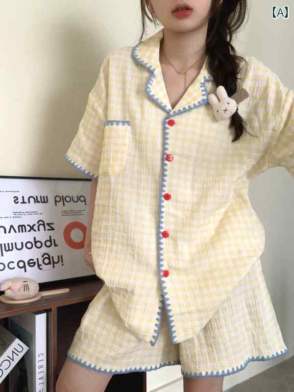 夏 かわいい コントラストカラー チェック柄 コットン ヤーン パジャマ レディース 2025 半袖 スーツ 二 重 ガーゼ ルームウェア