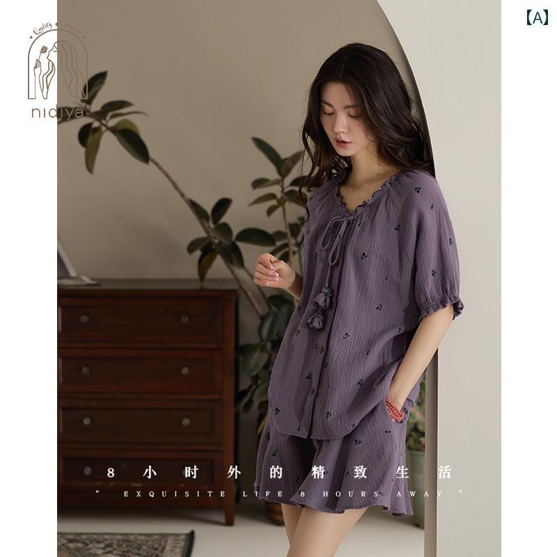 パジャマ レディース 夏用 綿 ガーゼ 半袖 チューリップ 田園風 パープル 女の子 ショートパンツ ルームウェア セット カジュアル