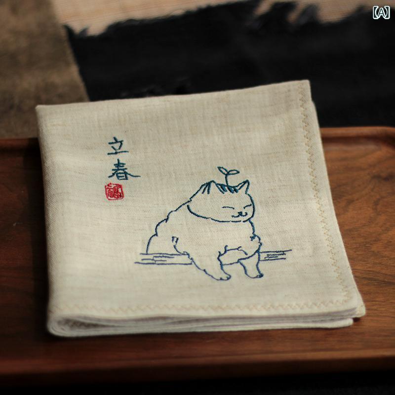 二十四 節 気の 猫 刺繍 ハンカチ 男女兼用 吸 汗 綿 麻 糸 誕生日 プレゼント .コットンや麻生地で作..